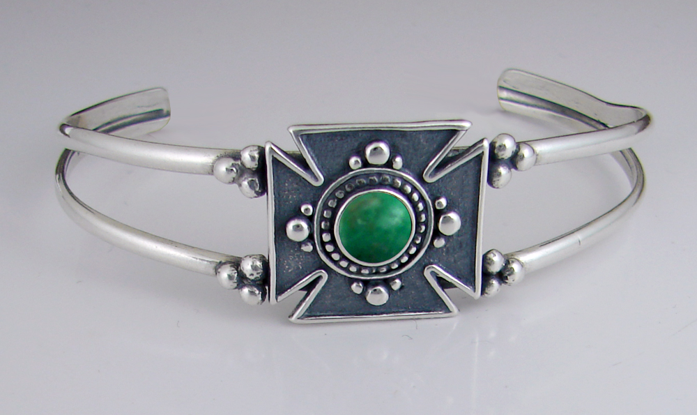 Sterling Silver Iron Cross Cuff Bracelet With Green Turquoise